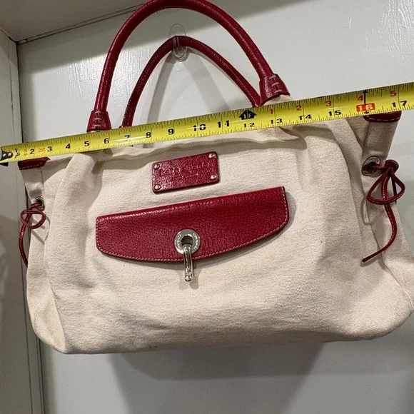 Kate Spade Red Leather & Cream Canvas Kent Stevie Shoulder Bag Satchel Sample - Picture 12 of 16